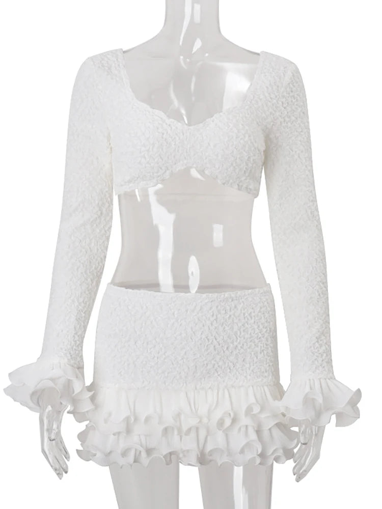 Rosamunde White Ruffle Low-Neck Crop Top & Mini Skirt Two-piece