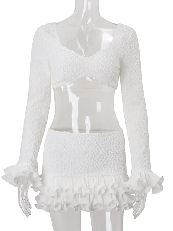 Rosamunde White Ruffle Low-Neck Crop Top & Mini Skirt Two-piece