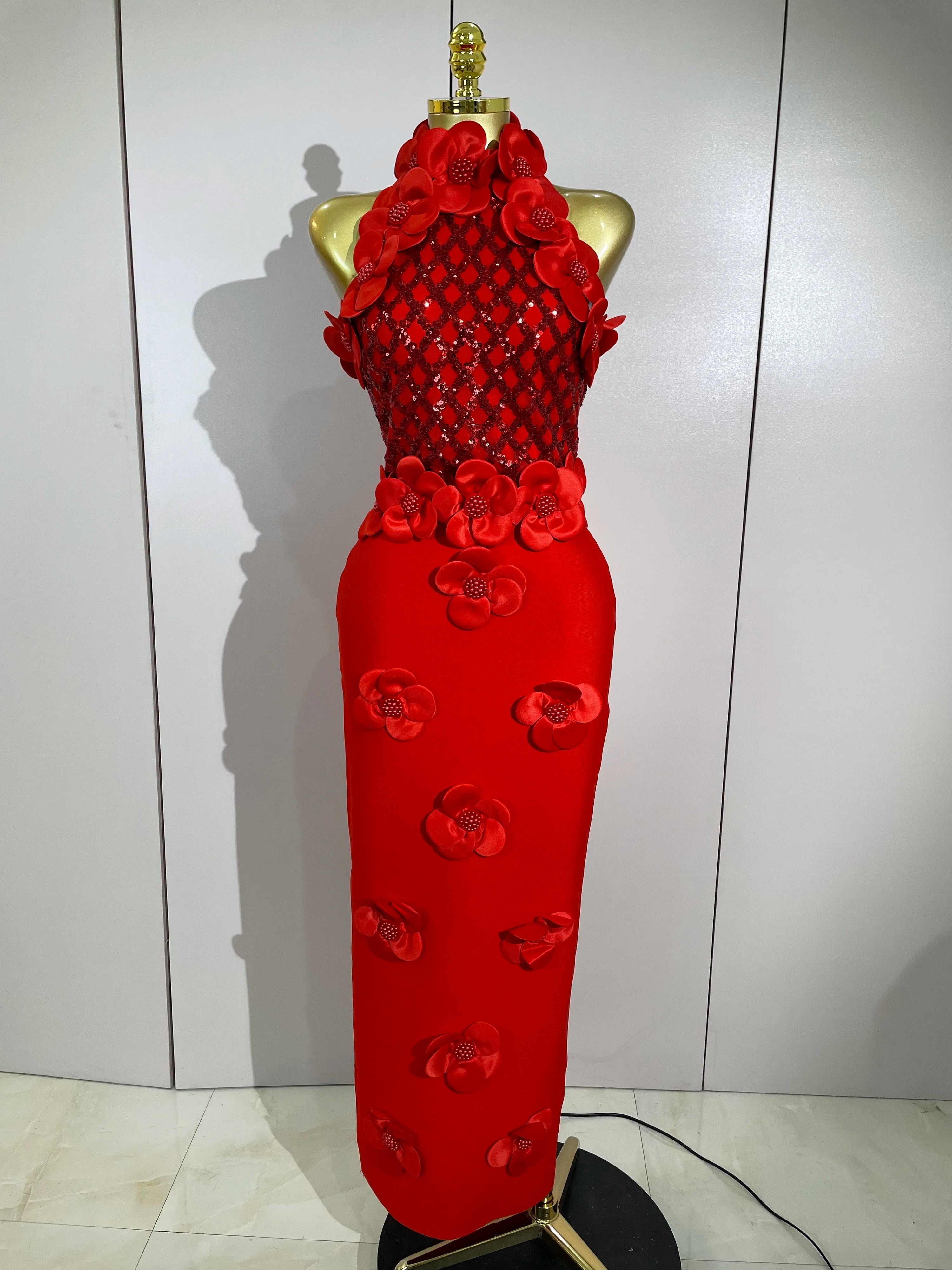 Winona Beaded Floral Mesh Bandage Maxi Dress