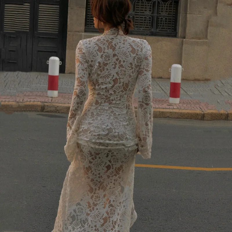 Vivienne Lace-Up Sheer Split Maxi Dress