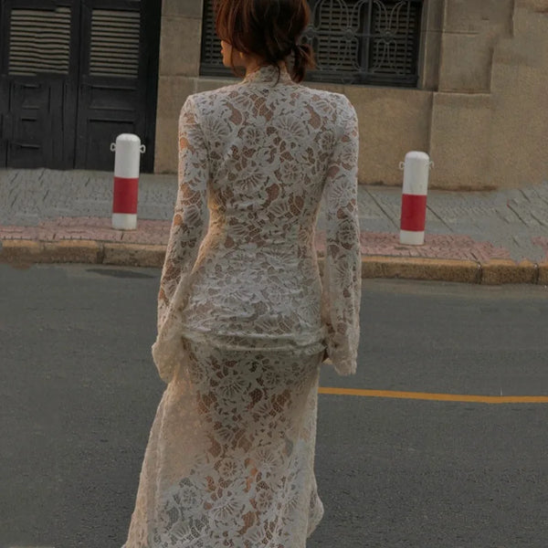 Vivienne Lace-Up Sheer Split Maxi Dress