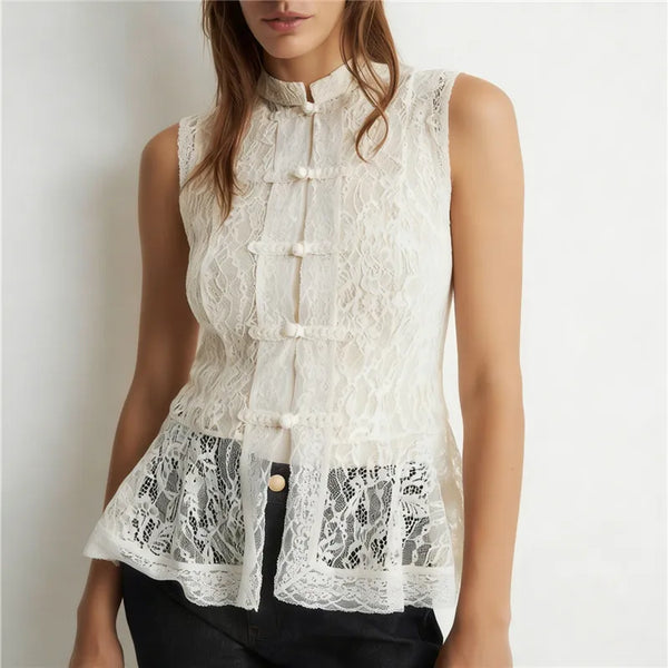 Mina Sheer Lace Mandarin Collar Peplum Top