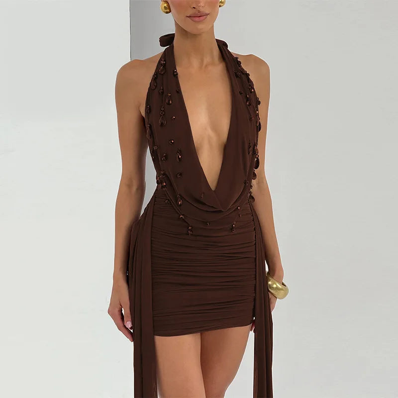 Roxana Beaded Deep-V Halter Mini Dress