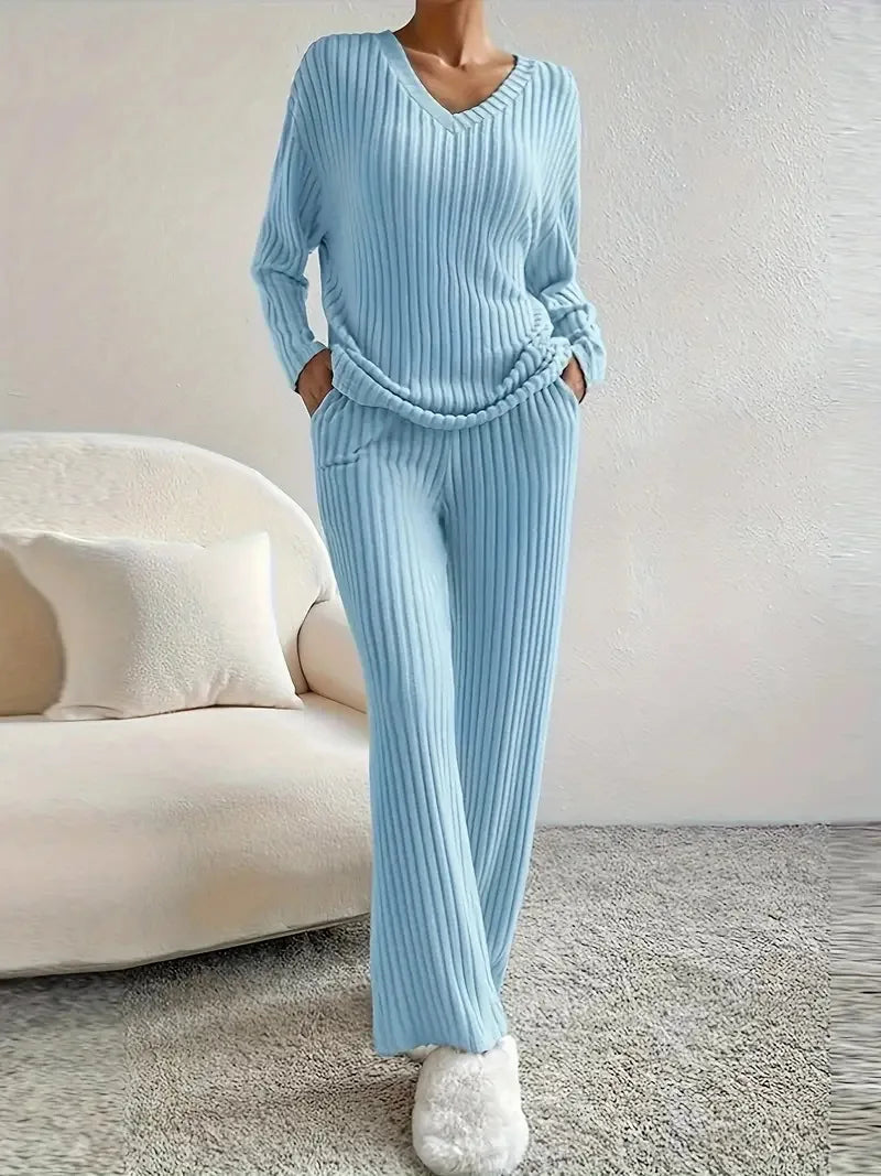 Cordula Ribbed Knit V-Neck Sweater & Wide-Leg Trousers Two-piece