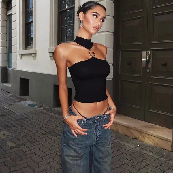 Metal Buckle Decoration Tank Tops Women Turtleneck Off Shoulder Skinny Stretch Street Fashion Wild Style Solid Outfits