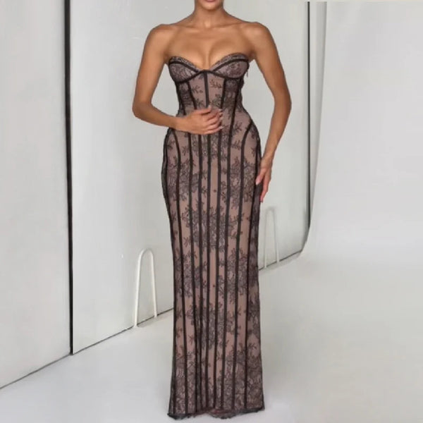 Zenobia Striped Floral Strapless Corset Backless Dress