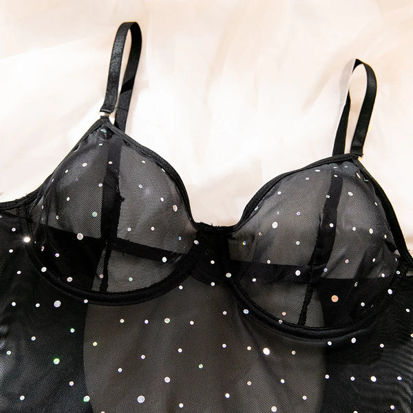Honorine Shimmer Dot Sheer Mesh Garter Slip, Thong & Gloves Lingerie Three-piece