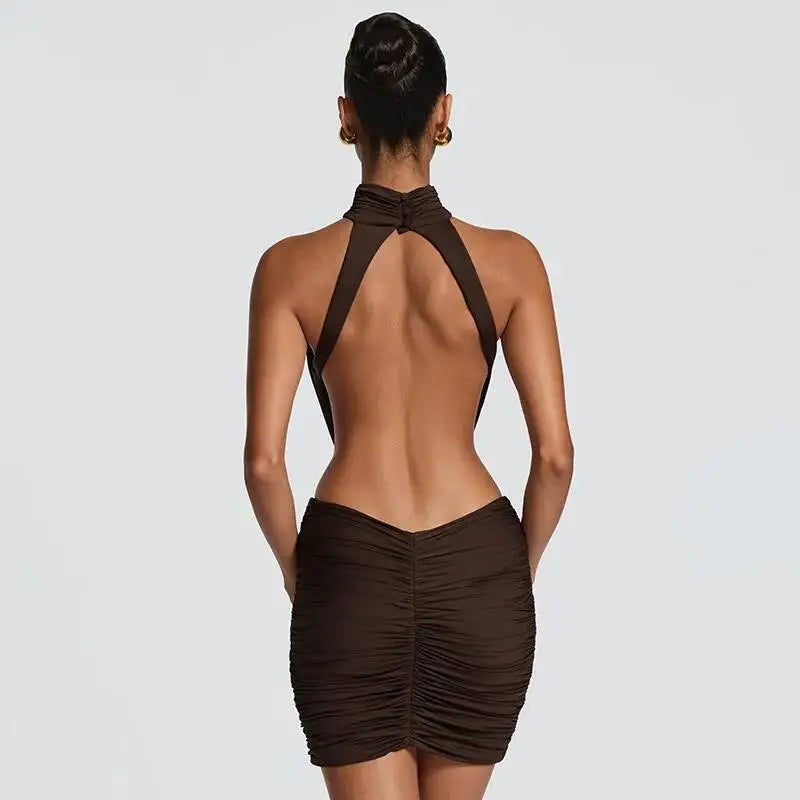 Marcella High-Neck Ruched Backless Mini Dress