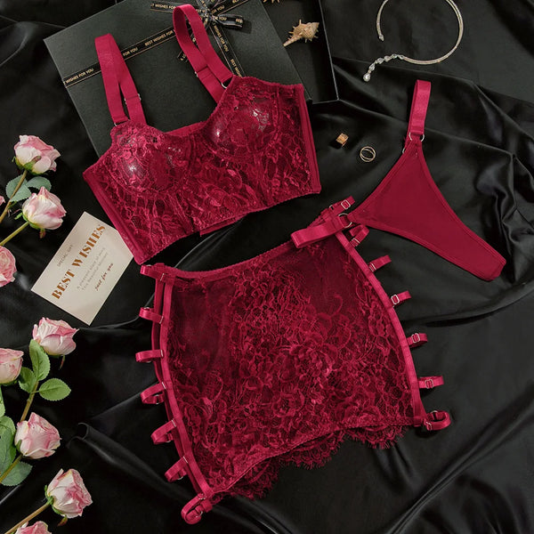 Severine Lace Longline Bra & Buckle-Strap Mini Skirt Lingerie Set