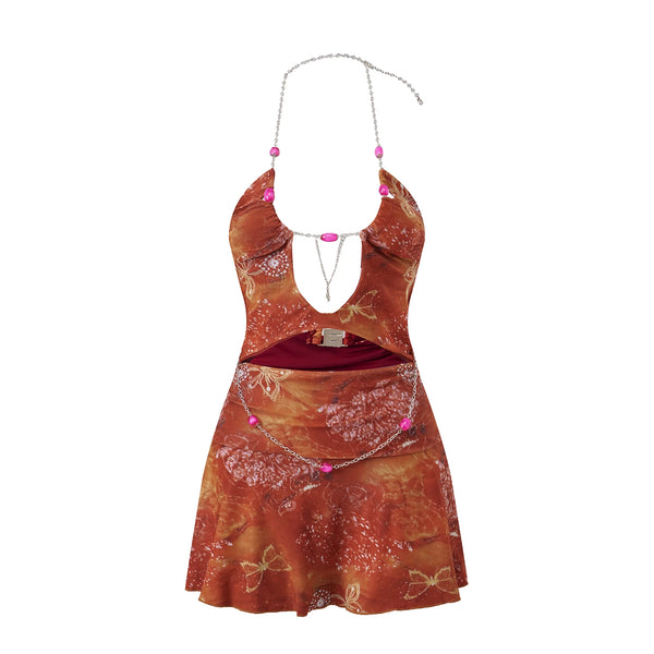 Freya Beaded-Chain Ruffle Halter Mini Dress