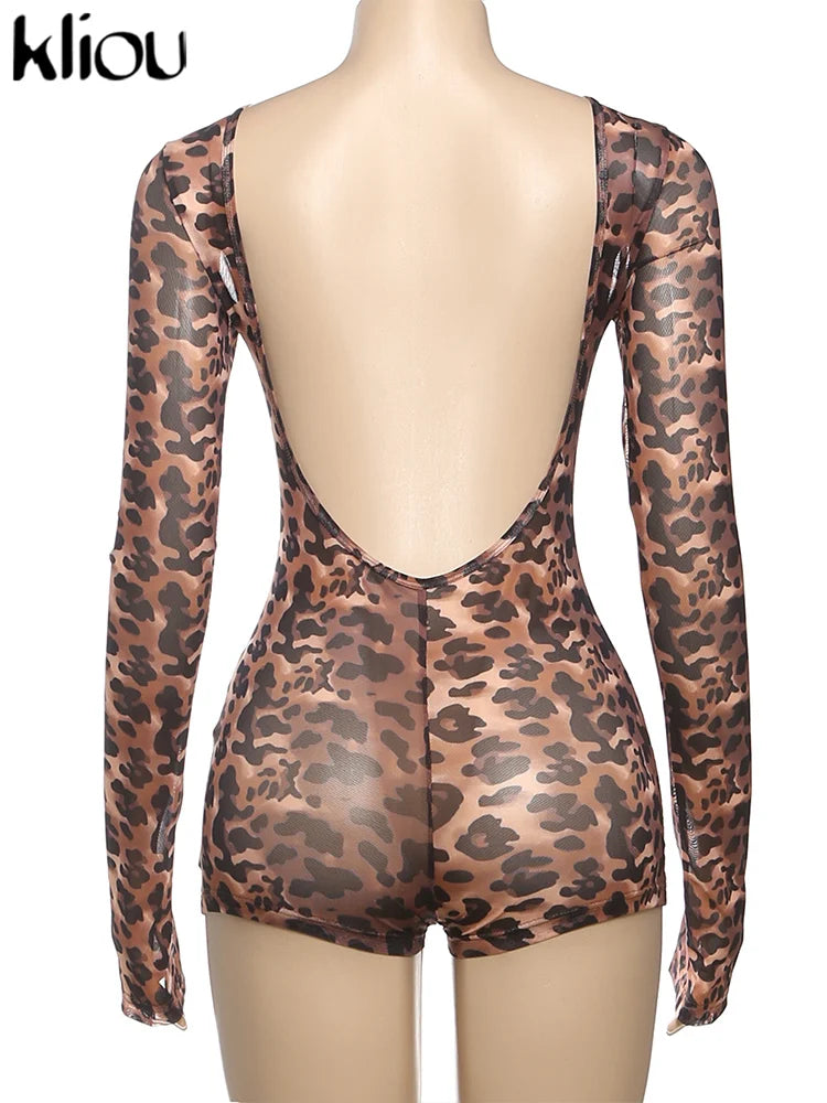 kliou Mesh Leopard Women Playsuits Sexy Hot Thin See Through Backless Full Sleeve Body-shaping Romers Female Stunning Clubwear