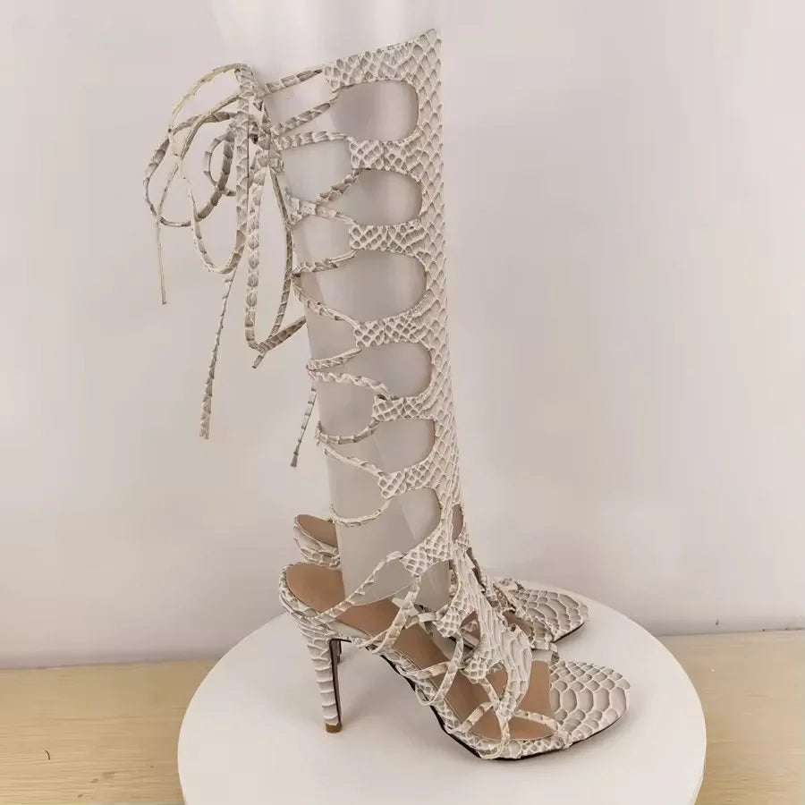 Clarimonde Roman Lace-Up Knee-High Gladiator Stiletto Sandals
