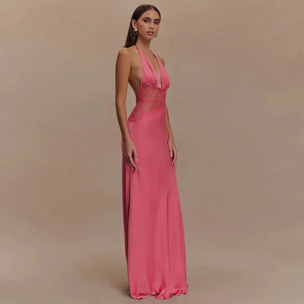 Pervinca Lace-Panel Satin Plunge Halter Backless Maxi Dress