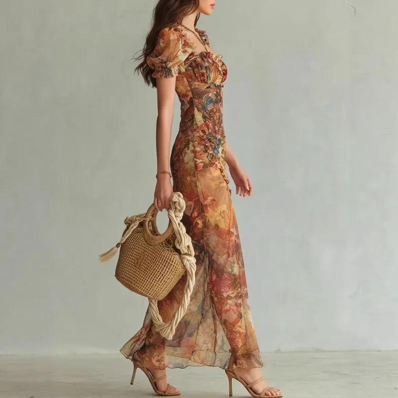 Paloma Boho Cutout Puff-Sleeve Maxi Dress