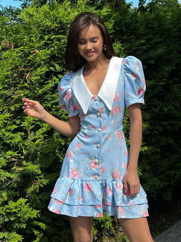 Gisella Floral Collared Puff-Sleeve Pearl-Button Ruffle Mini Dress