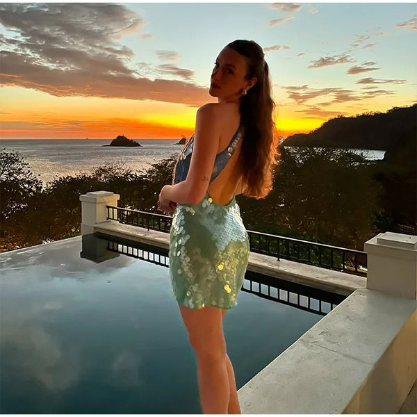 Women Y2K Sequin Beaded Halter Dress Sexy Sparkly Embellished Rhinestone Mini Dress Glitter Backless Shining Clubwear