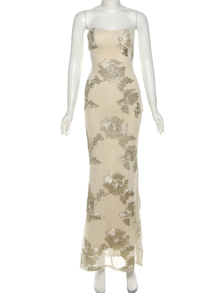 Isabella Spaghetti Strap Floral Embroidered Bodycon Maxi Dress