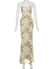 Isabella Spaghetti Strap Floral Embroidered Bodycon Maxi Dress