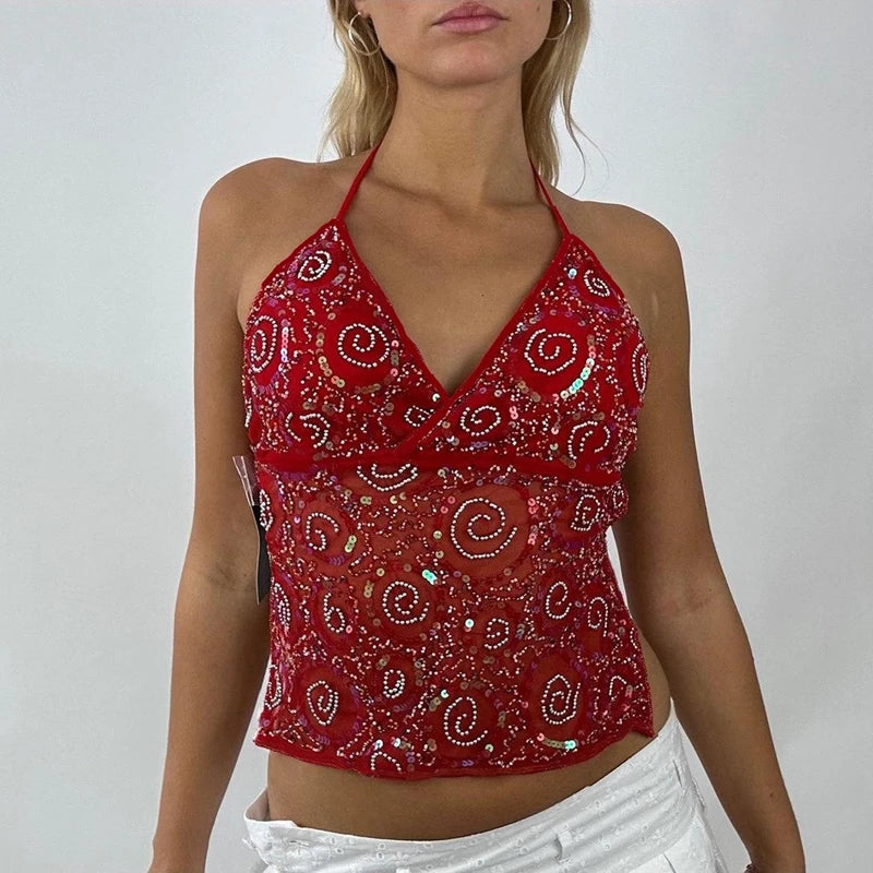 hirigin Women Y2K Sequin Cami Top Pearl Rhinestone Sleeveless Tank Top Sparkle Glitter Backless Crop Top Going Out Streetwear
