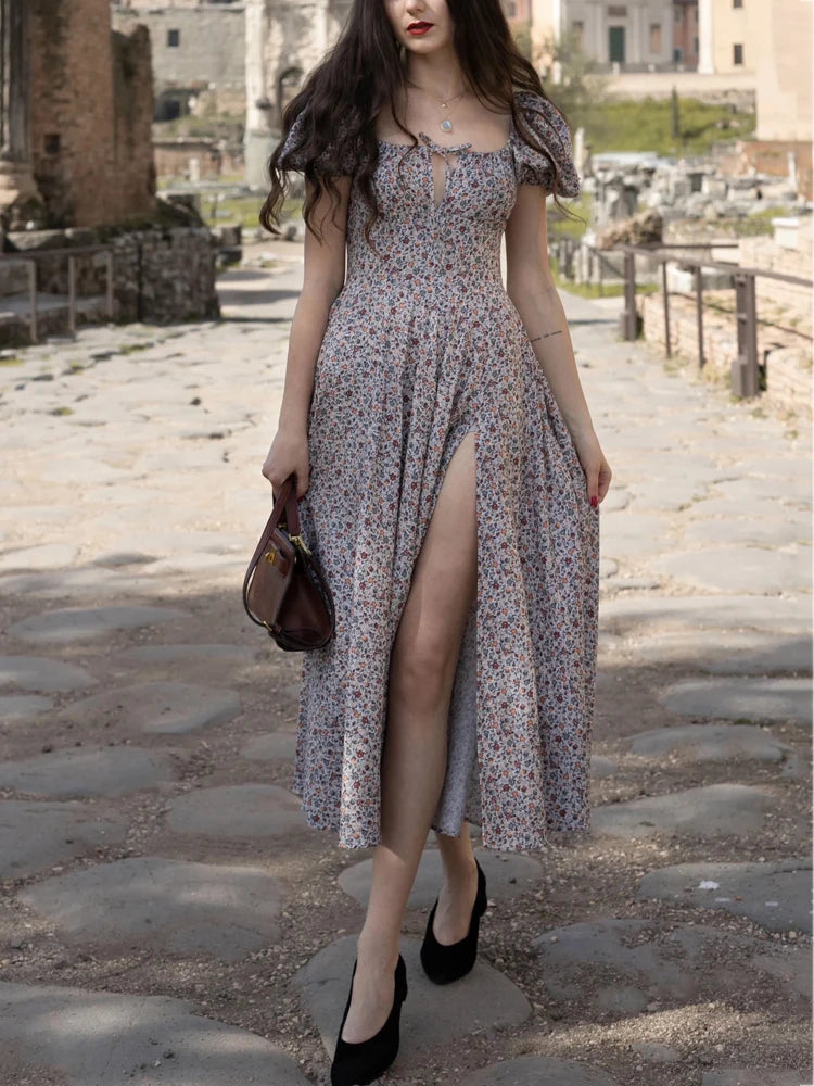 Annabeth Floral Square-Neck Puff-Sleeve Side-Split Maxi Dress