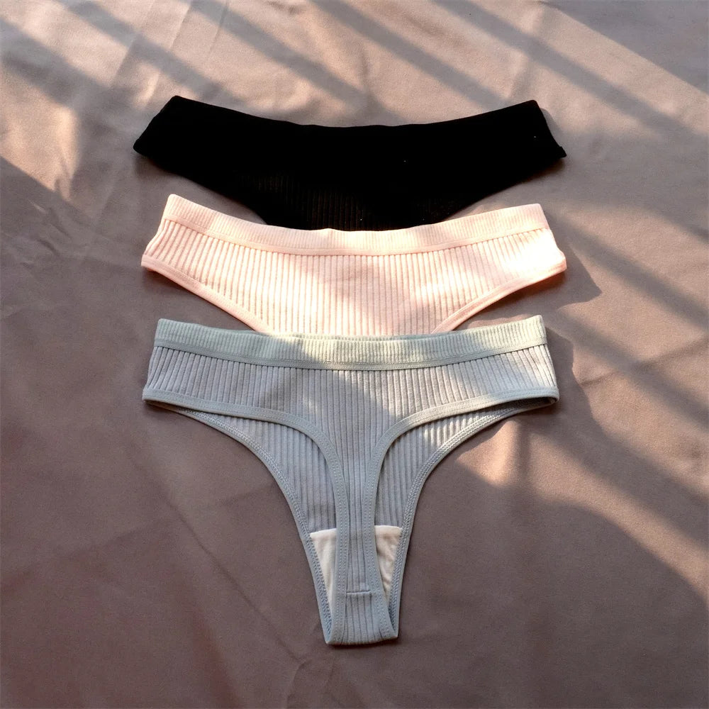 Mirelle Ribbed Cotton Thong Pack Lingerie 3-piece