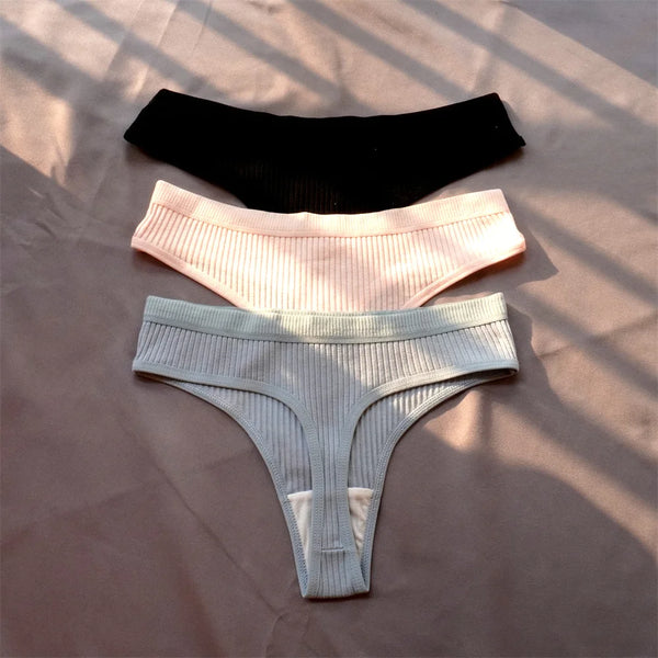 Mirelle Ribbed Cotton Thong Pack Lingerie 3-piece