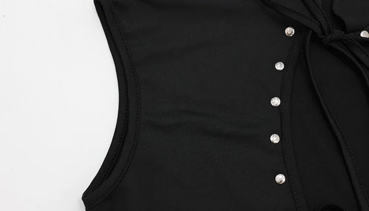 Huhugirl Fashion 2026 New T-Shirts Tees Tops Hollow Out Solid Slim Sleeveless Half High Collar Party Dark Club Street Style Chic