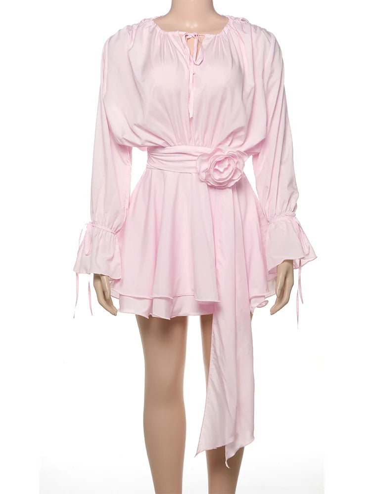 Gwendolen 3D Rose Ruched Flare-Sleeve Bodycon Mini Dress
