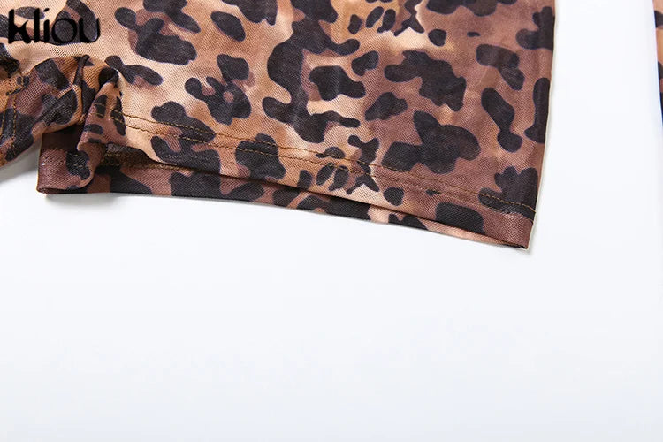 kliou Mesh Leopard Women Playsuits Sexy Hot Thin See Through Backless Full Sleeve Body-shaping Romers Female Stunning Clubwear