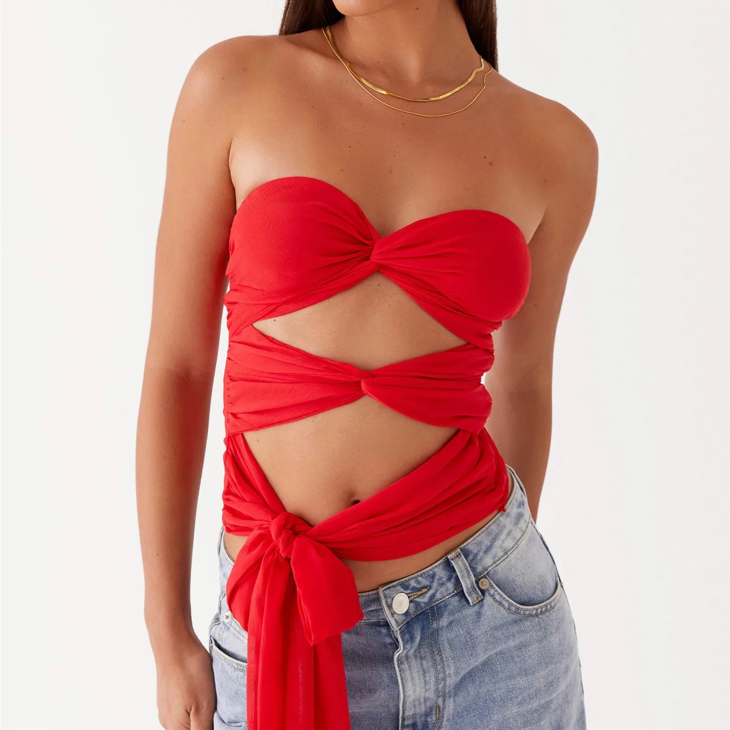 Freya Ruched Twist-Knot Tube Crop Top