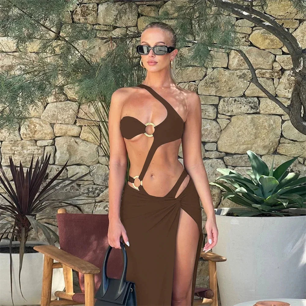Two-Pieces Women One Shoulder 2025 Push-Up Padded Bra Black Swimsuit Swimwear Bathing Suit Beachwear Monokini Female