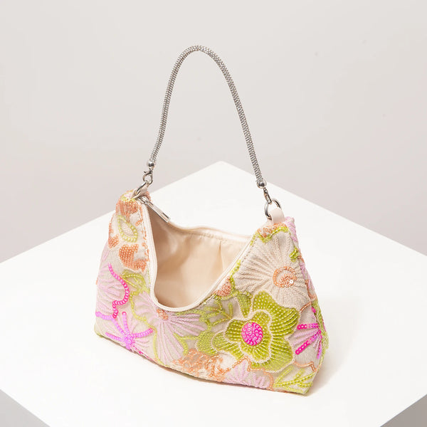 Florentina Floral Sequin Embroidered Half-Moon Shoulder Bag