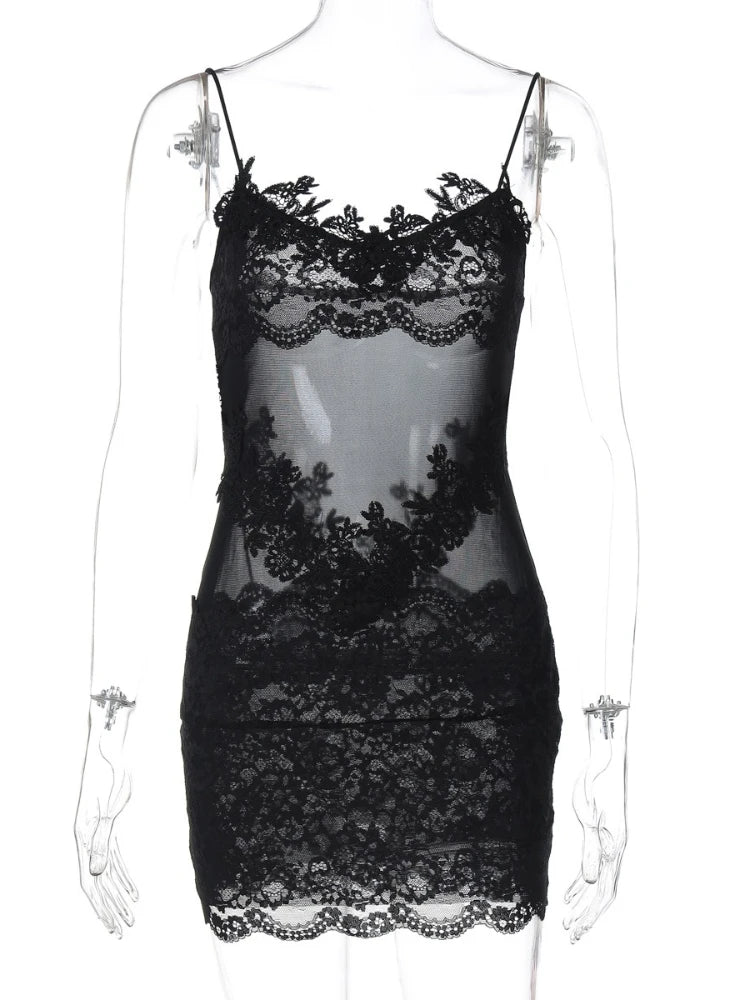 Verbena Sheer Lace Appliqué Mesh Cami Bodycon Mini Dress