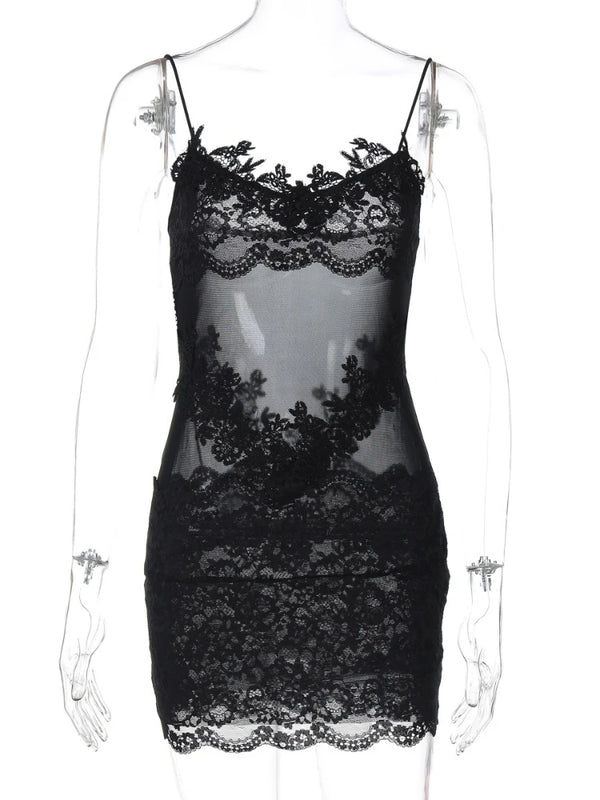 Verbena Sheer Lace Appliqué Mesh Cami Bodycon Mini Dress