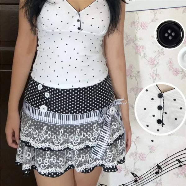 Thilde Polka Dot Lace-Tier Piano-Key Mini Skirt One-piece
