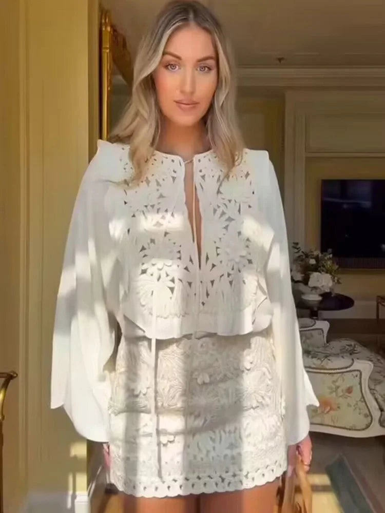 HH Female Summer Fashion Elegant Long Sleeve Lace Up Stitching Hollow Shirt+Temperament High Waist Mini A-line Skirt Suit Secondary image