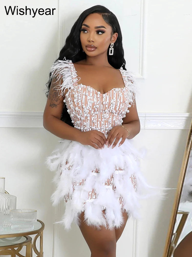 Leonora Pearl Feather-Strap Bodycon Midi Dress