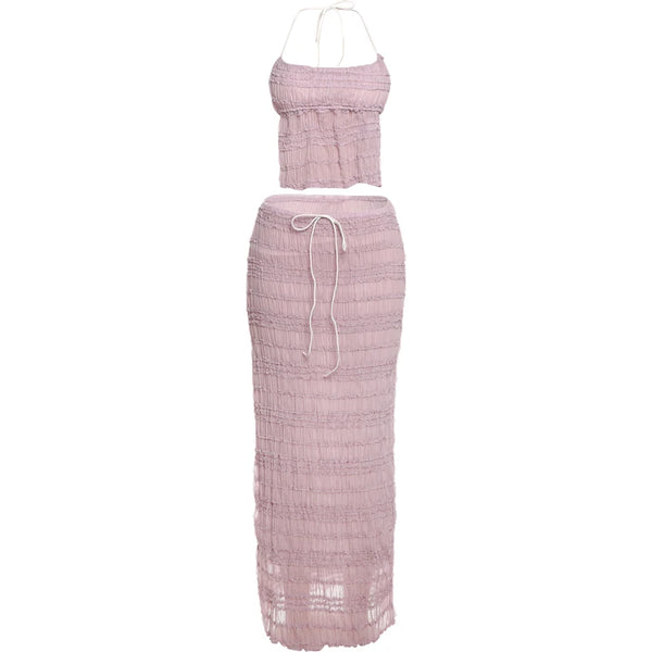 Oksana Sheer Crinkle Mesh Halter Lace-Up Crop Top & Maxi Skirt Two-piece