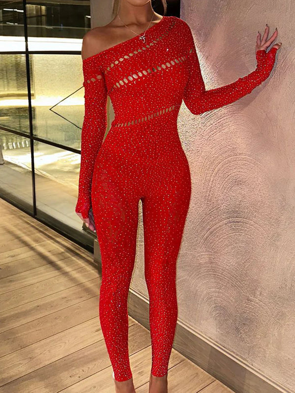 Domenica Rhinestone Hollow-Out Long-Sleeve Bodycon Jumpsuit One-piece