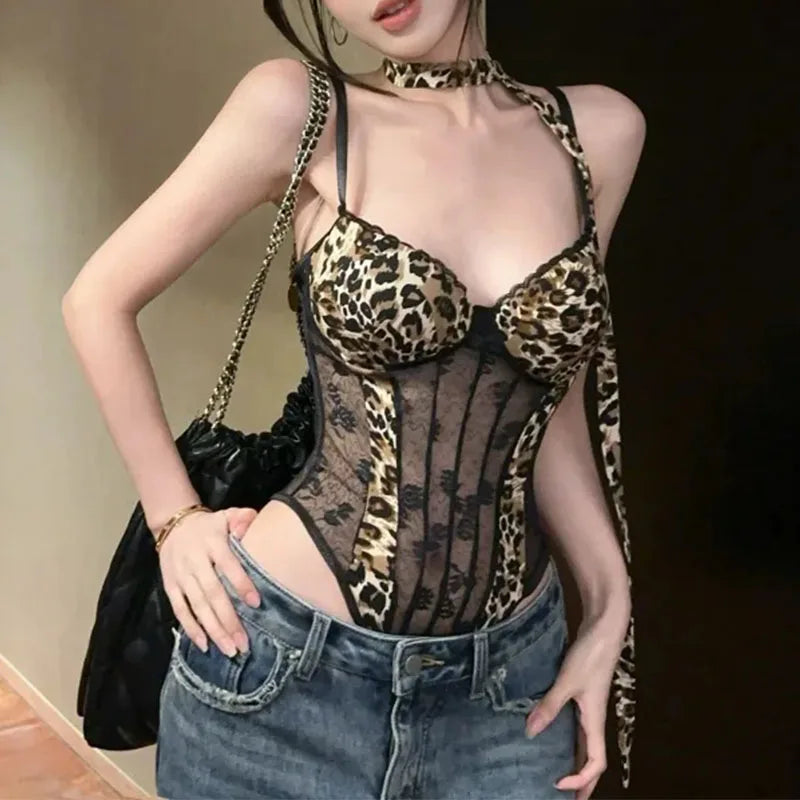 Philippine Sheer Mesh Leopard Corset Cami Top with Suspender Straps One-piece