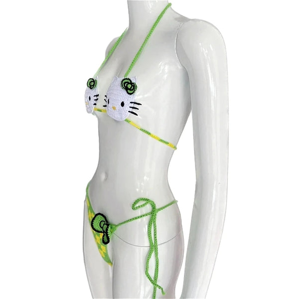 Cute Hello Kitty Ladys Sexy Swimsuit Crochet Bikinis Set Sanrio 2Pcs Womens Swimming Suit Micro Bikini Thongs Bathing Suit Beach