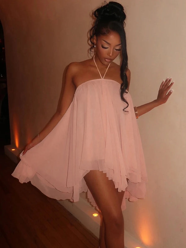 Zinnia Lace-Up Off-Shoulder Asymmetrical Mini Dress