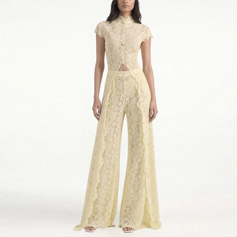 Fiora Sheer Floral-Lace Wide-Leg Pants Set Two-piece