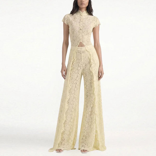Fiora Sheer Floral-Lace Wide-Leg Pants Set Two-piece