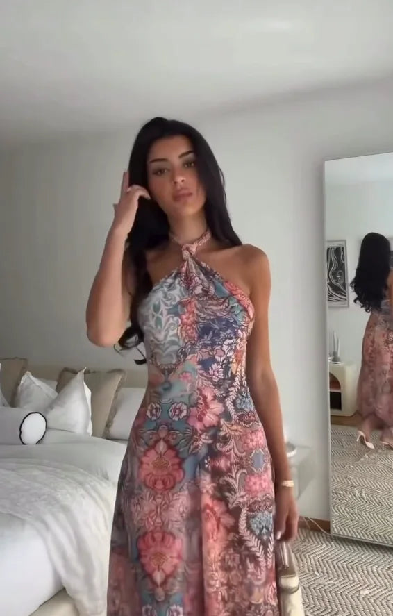 Solana Printed Halter Asymmetric Maxi Dress