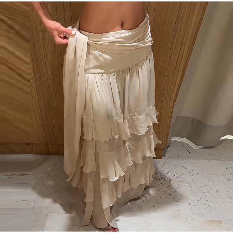 Leokadia Layered Ruffle Tiered Tie-Waist Side-Slit Maxi Skirt One-piece