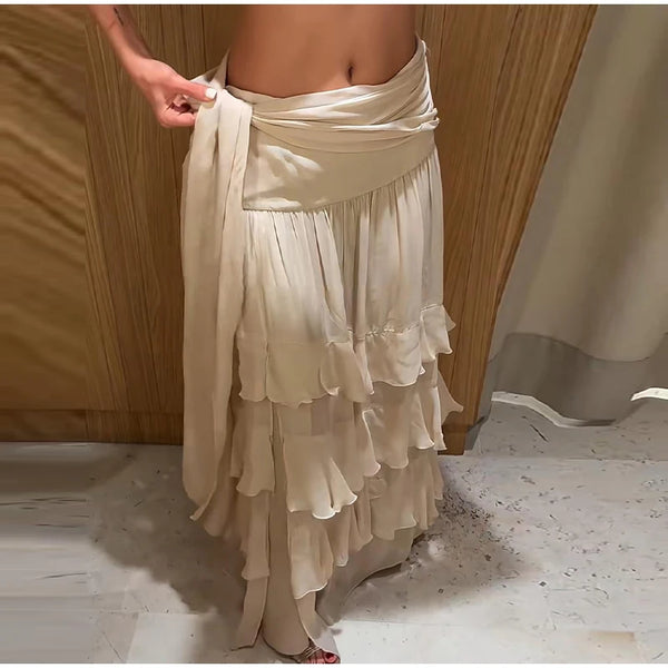 Leokadia Layered Ruffle Tiered Tie-Waist Side-Slit Maxi Skirt One-piece