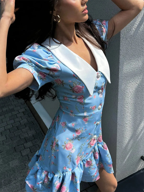 Gisella Floral Collared Puff-Sleeve Pearl-Button Ruffle Mini Dress