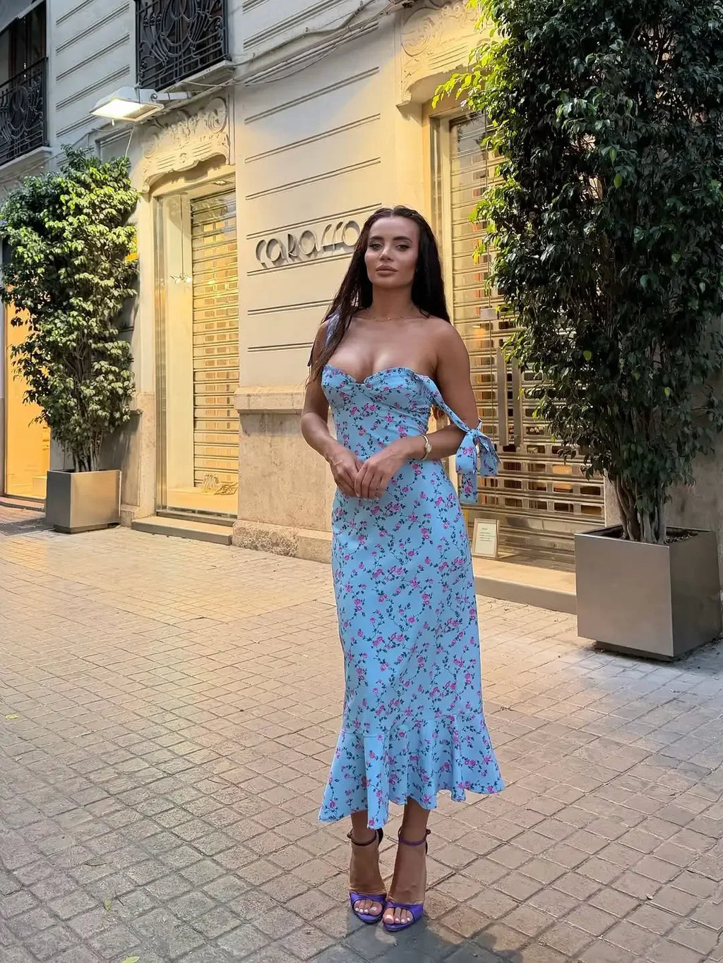 Delphine Floral Tie-Strap Bodycon Midi Dress