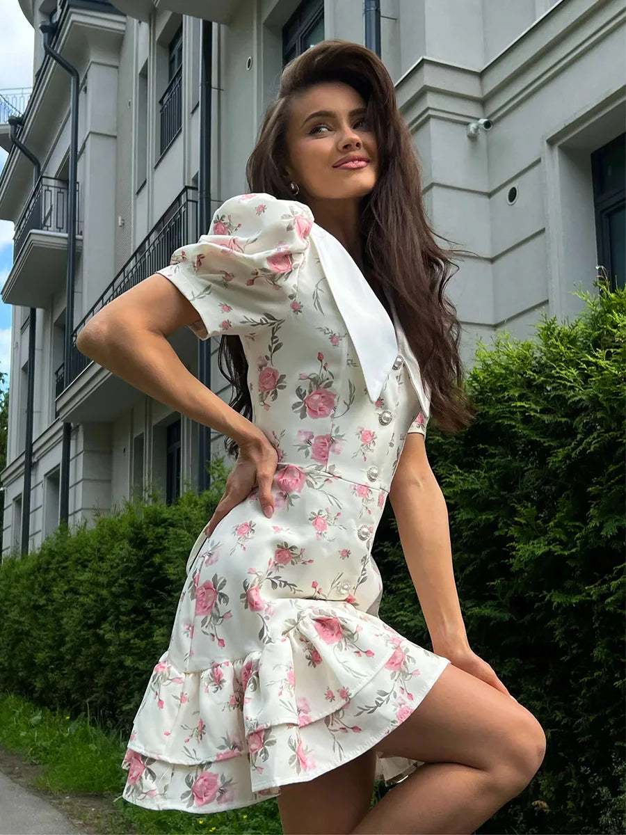 Gisella Floral Collared Puff-Sleeve Pearl-Button Ruffle Mini Dress